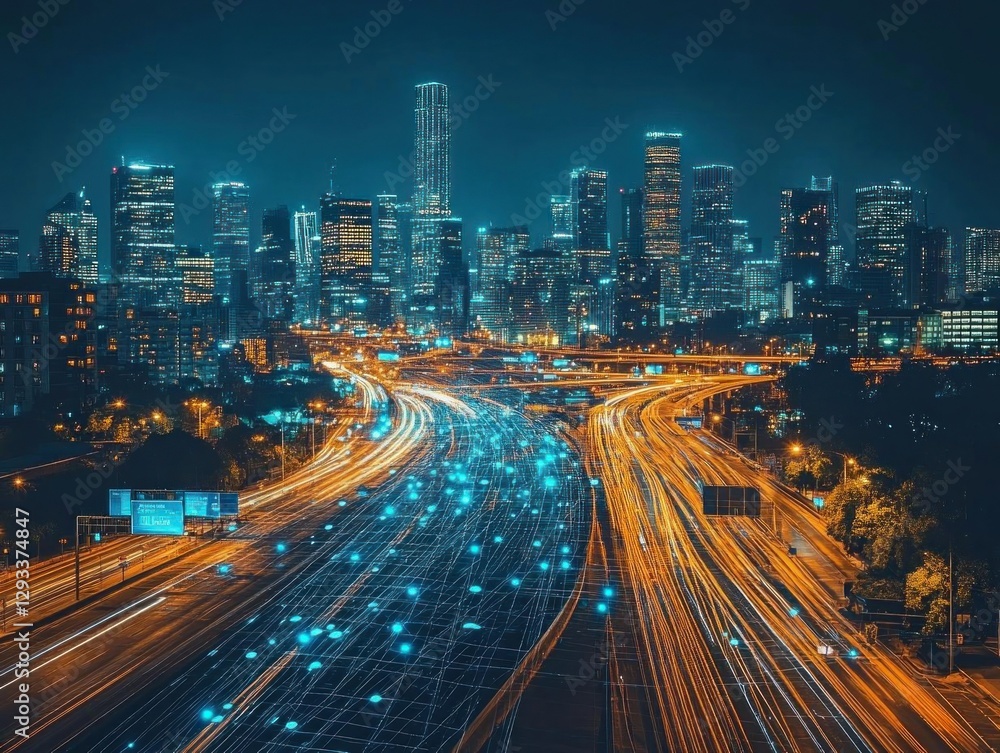 Smart City Night Traffic Network Digital Data Smart City Night Traffic Network Digital Data