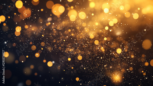 Background with light beam and glitter particles flying on black vector backdrop. Abstract blur and shine template for advertising, presentation or web design. Stardust explosion of golden sparks
