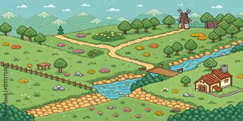 Idyllic Cartoon Village Landscape Windmill Cottage River Pathways Flowers Green Hills