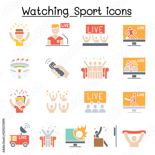 Watching sport on tv, sport broadcasting icon set in thin line style