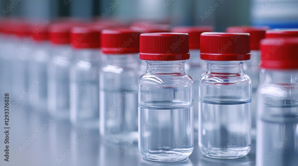Close up of vaccine bottles with red caps. Concept of medical research, pharmaceutical production, and healthcare. Close up of vaccine bottles with red caps. Concept of medical research, pharmaceutical production, and healthcare.