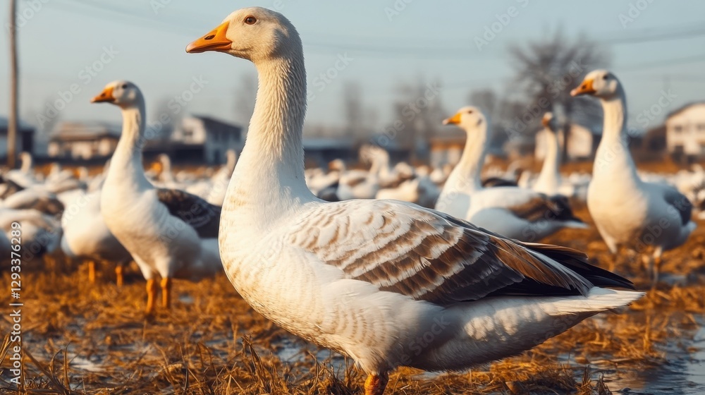 Flock of geese standing in country yard Flock of geese standing in country yard