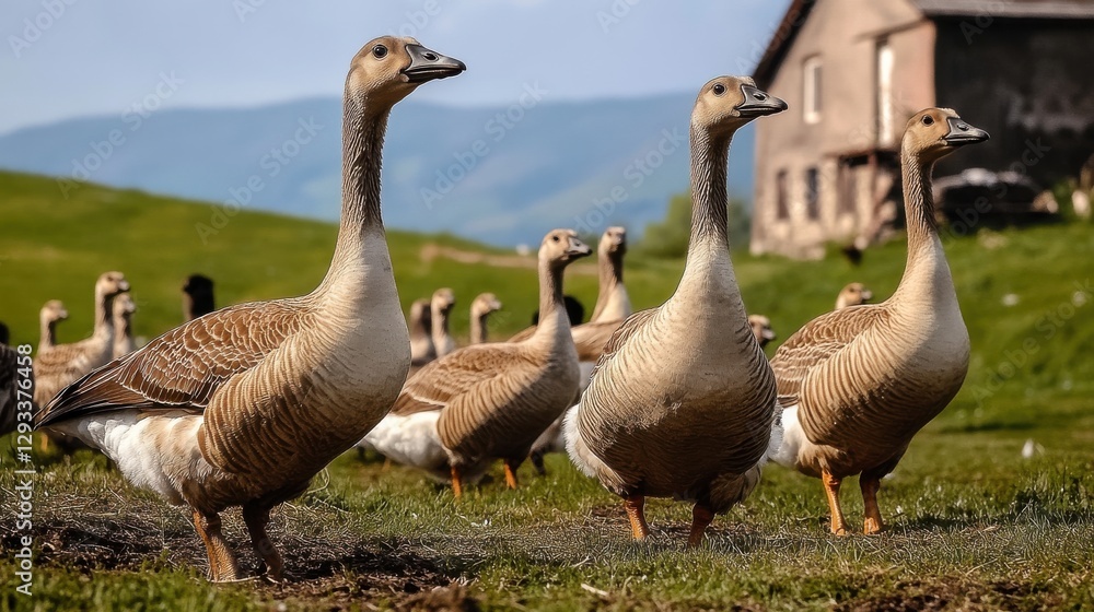 Geese walking in formation on a livestock farm Geese walking in formation on a livestock farm