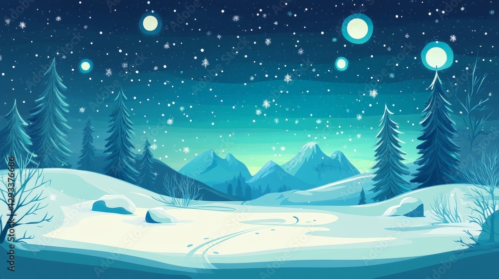 Fototapeta premium Winter Night Landscape with Snowy Mountains