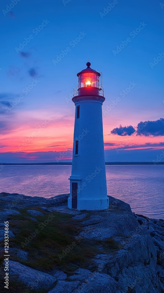 Luminous lighthouse standing tall on a rocky coast at sunset, glowing beacon against a vibrant twilight sky and calm sea. Luminous lighthouse standing tall on a rocky coast at sunset, glowing beacon against a vibrant twilight sky and calm sea.