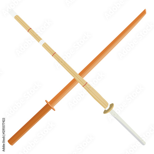 Two crossed wooden training swords bokken, katana. Traditional Japanese weapon isolated on white background. Vector