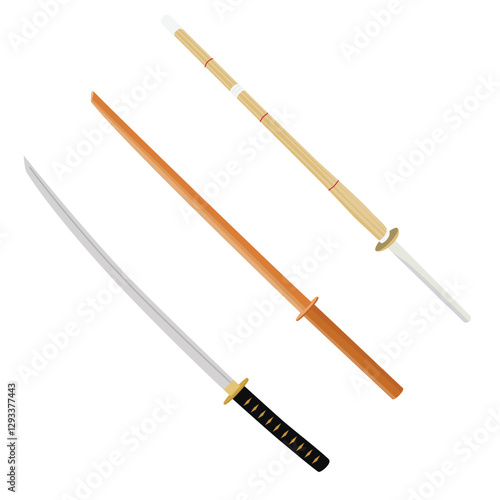 Traditional Japanese weapon set - katana sword, wooden training katana and bokken isolated on white background. Vector