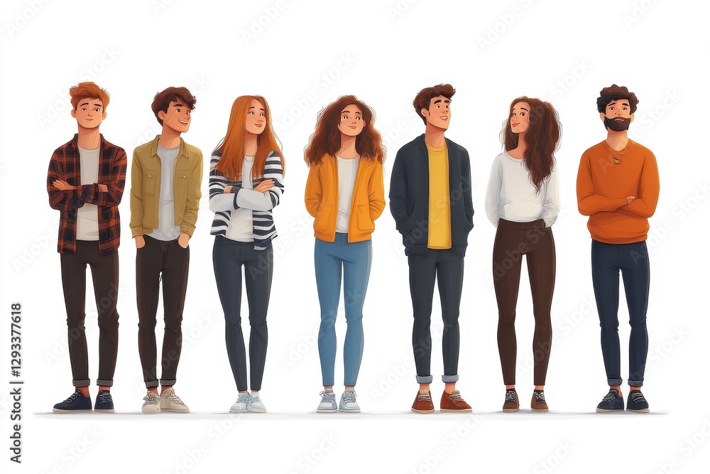 Fototapeta premium Diverse group of young adults standing together showcasing modern fashion and varied expressions in a creative art style