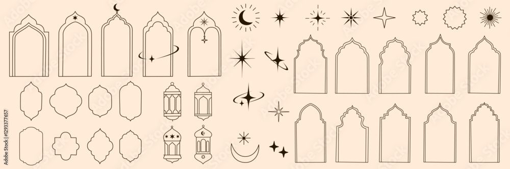 Islamic window frame shapes with star and moon elements set. Ramadan Kareem and Eid Mubarak. Arabian architecture, arches, door, stars and moon, mosque doors, mosque domes and lanterns. Islamic window frame shapes with star and moon elements set. Ramadan Kareem and Eid Mubarak. Arabian architecture, arches, door, stars and moon, mosque doors, mosque domes and lanterns.