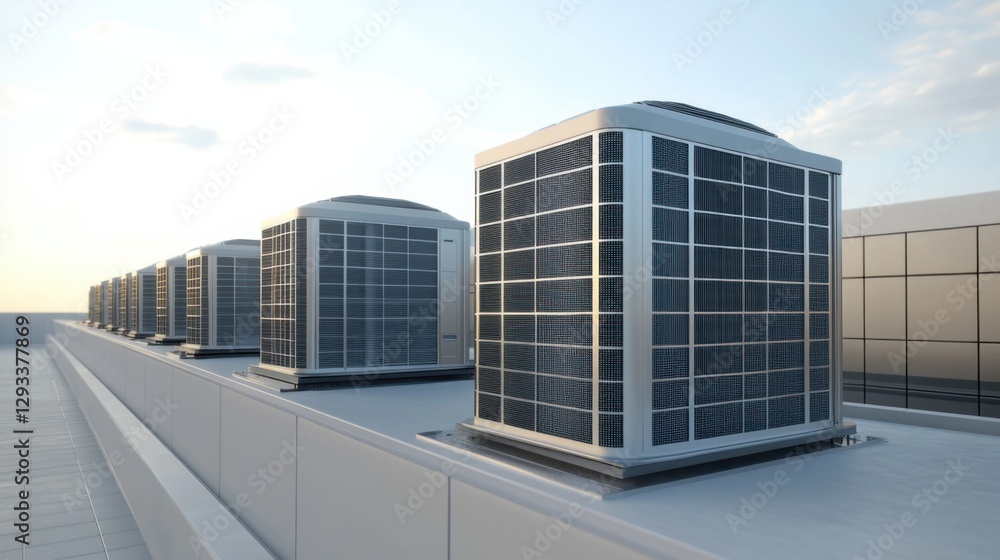 Rooftop air conditioning units on a modern building during sunset Rooftop air conditioning units on a modern building during sunset