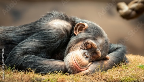 Chimpanzee Sleeping Peacefully amidst Lush Rainforest Greenery at Sunset, Showcasing Tranquil Serenity and Captivating Wildlife Beauty. photo