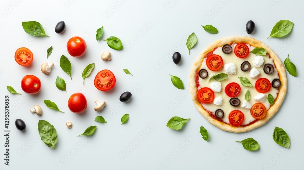 Fresh Ingredients Surrounding Delicious Pizza with Tomatoes and Basil Fresh Ingredients Surrounding Delicious Pizza with Tomatoes and Basil