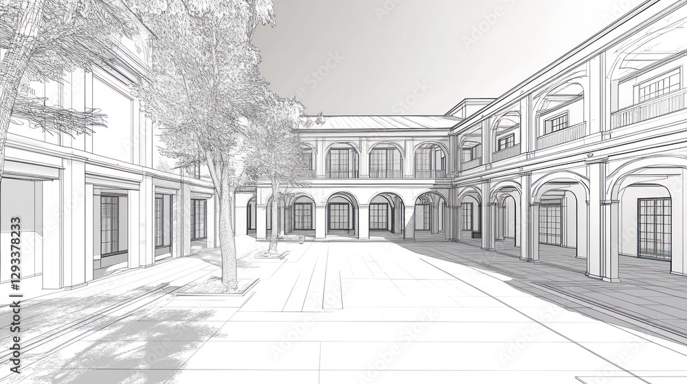 Courtyard architectural design, sunny day, trees, building plans Courtyard architectural design, sunny day, trees, building plans