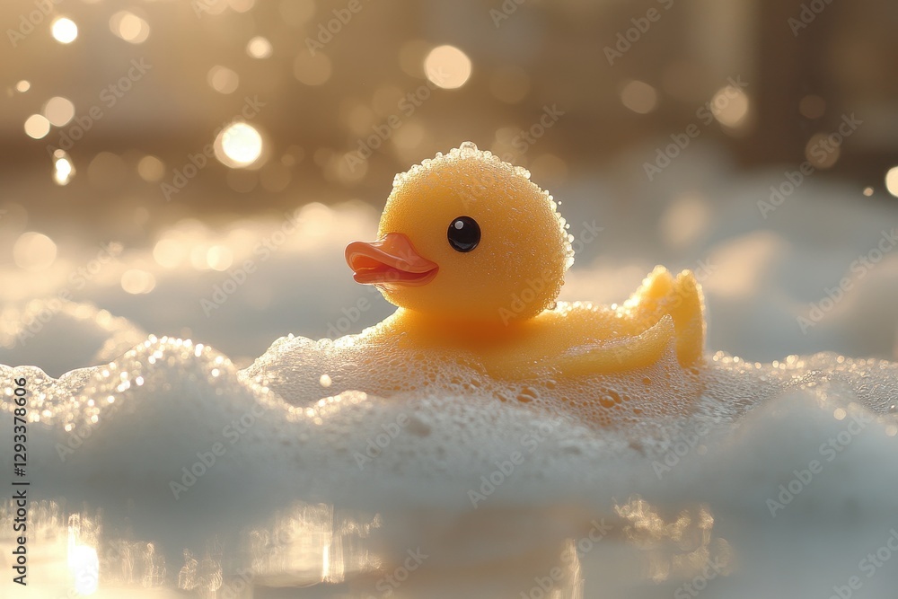 Yellow rubber duck floats on frothy water surrounded by shimmering bubbles during a sunny afternoon Yellow rubber duck floats on frothy water surrounded by shimmering bubbles during a sunny afternoon