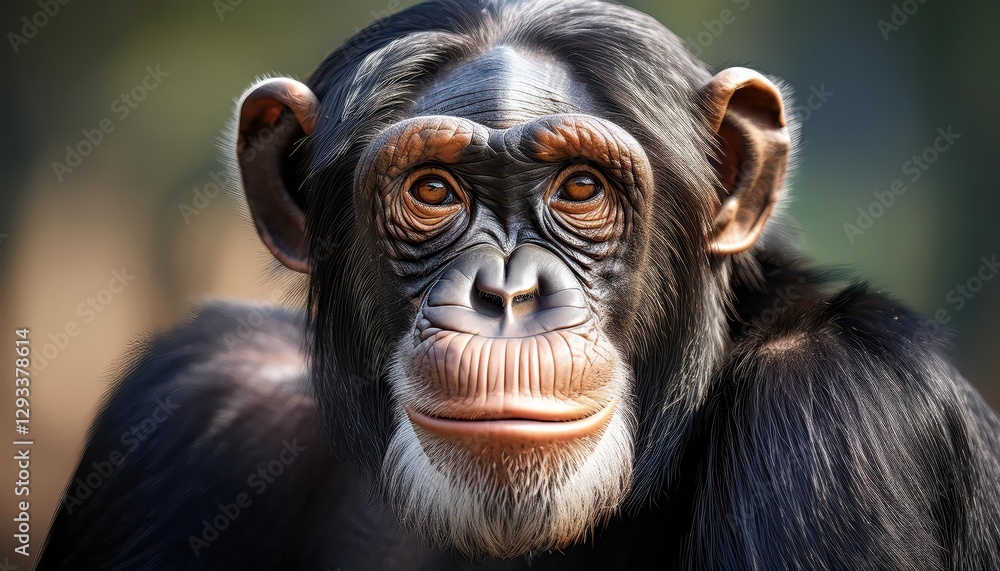 Closeup Portrait of a Chimpanzee in the Wild, Radiant Brown Eyes Gazing Intently from a Dense Forest Backdrop, Showcasing the Majesty and Intrigue of these Primates at Sunset. Closeup Portrait of a Chimpanzee in the Wild, Radiant Brown Eyes Gazing Intently from a Dense Forest Backdrop, Showcasing the Majesty and Intrigue of these Primates at Sunset.