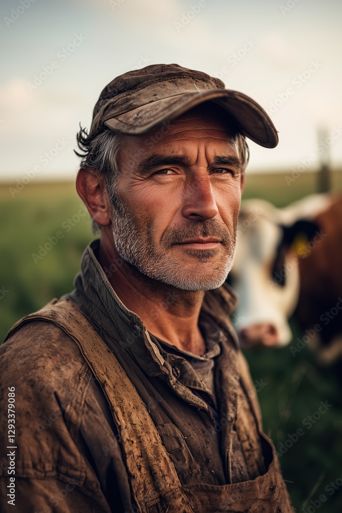 Obraz premium Weathered Farmer in Rural Landscape