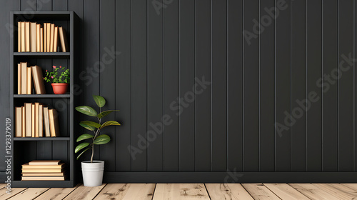 Dark Wood Panelled Room with Bookshelf and Plants