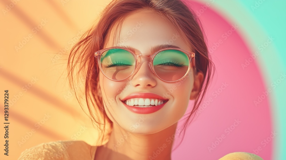 Young Woman in Retro Round Glasses with Vibrant Background Young Woman in Retro Round Glasses with Vibrant Background