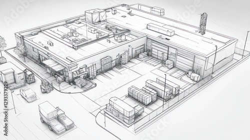 Warehouse distribution center blueprint; trucks loading; urban background; architectural design