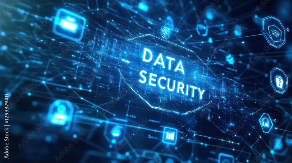 Fototapeta premium Exploring the concepts of data security with interconnected digital symbols and abstract technology elements in a blue color scheme