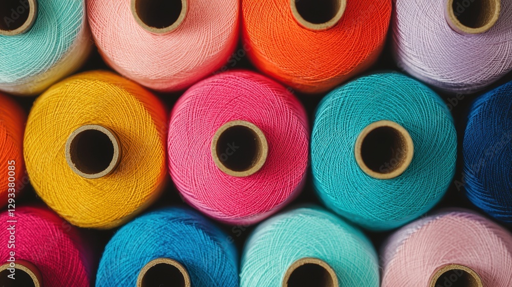 Colorful spools of thread arranged in a grid pattern. Concept of sewing, tailoring, and crafting. Colorful spools of thread arranged in a grid pattern. Concept of sewing, tailoring, and crafting.