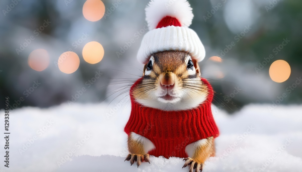 Whimsical Chipmunk Frolicking in a Winter Wonderland, Dressed as Jolly Old Saint Nick, amidst Snowflakes and Festive Cheer, Spreading Holiday Magic and Joy. Whimsical Chipmunk Frolicking in a Winter Wonderland, Dressed as Jolly Old Saint Nick, amidst Snowflakes and Festive Cheer, Spreading Holiday Magic and Joy.