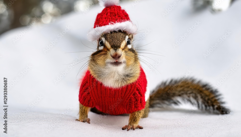 Playful Chipmunk Dressed as Santa in Winter Wonderland A Christmas Fantasy in Snowy Forest with Striped Sweater and Hat, Capturing the Enchanting Mood of Holiday Spirit. Playful Chipmunk Dressed as Santa in Winter Wonderland A Christmas Fantasy in Snowy Forest with Striped Sweater and Hat, Capturing the Enchanting Mood of Holiday Spirit.