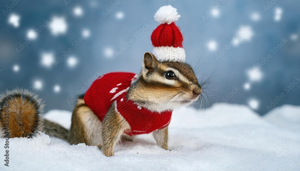 Playful Chipmunk in Winter Wonderland, Donning Santas Attire, Frolicking Amidst Snowflakes, Capturing the Festive Mood of a Christmasy Scene. Playful Chipmunk in Winter Wonderland, Donning Santas Attire, Frolicking Amidst Snowflakes, Capturing the Festive Mood of a Christmasy Scene.