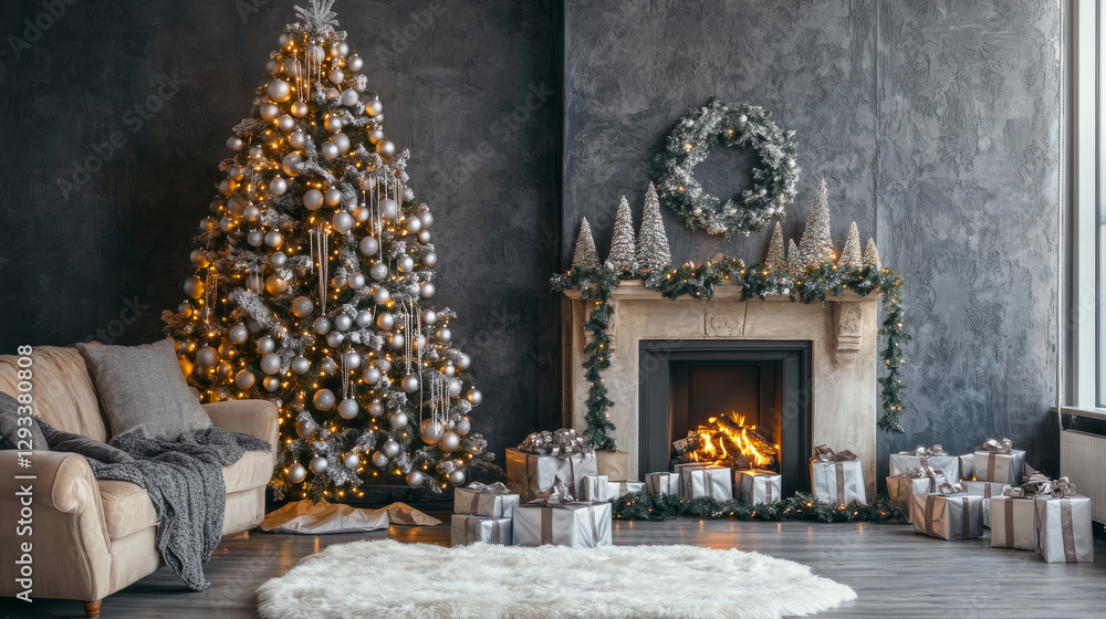 Fototapeta premium Living room with Christmas tree, fireplace and sofa at night. Vector cartoon illustration of home interior with New Year decoration, Xmas fir with silver balls and garland