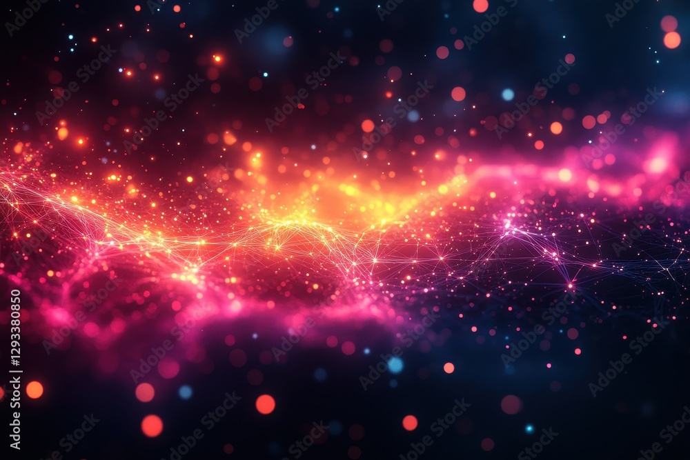 Vibrant abstract representation of cosmic energy with glowing particles and colorful waves in a dark space Vibrant abstract representation of cosmic energy with glowing particles and colorful waves in a dark space