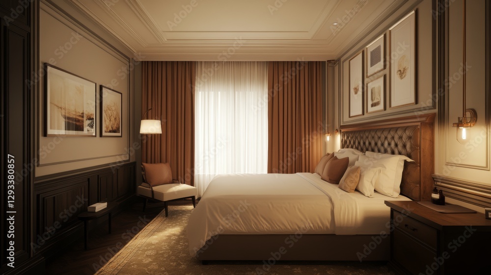 A chic, warm, and airy hotel room. A chic, warm, and airy hotel room.