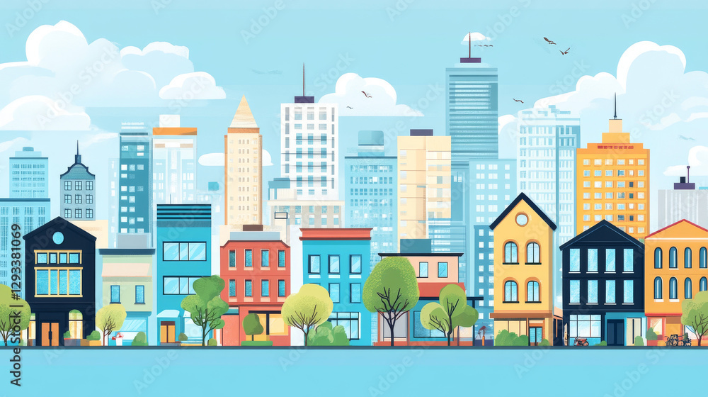 Fototapeta premium Buildings poster with isometric house, office and store isolated on blue background. Vector horizontal banner of city architecture with facade of residential, business and commercial buildings