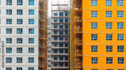 Construction site of a new residential complex. Building under construction with scaffolding. Concept of real estate development, urban growth, and investment.