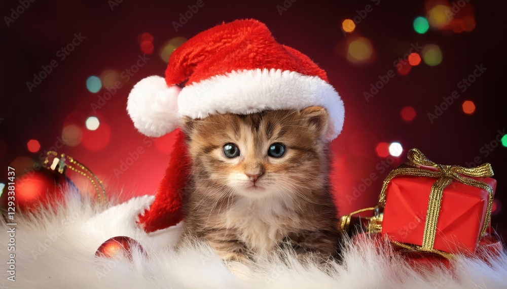 Festive Mischief Adorable Kitten in Santa Hat Basking in the Joyful Winter Wonderland, Capturing the Spirit of Christmas with Playful Energy and a Touch of Whimsy. Festive Mischief Adorable Kitten in Santa Hat Basking in the Joyful Winter Wonderland, Capturing the Spirit of Christmas with Playful Energy and a Touch of Whimsy.