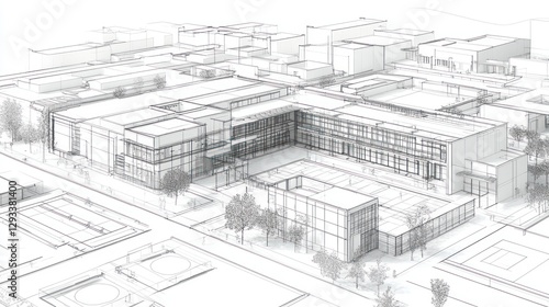 Modern school campus architectural design; city background; planning