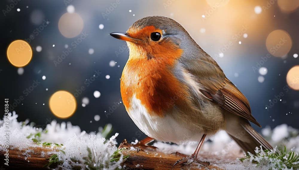 Vibrant Christmas Robin Perched on a Snowy Branch at Twilight, Bringing Festive Cheer Amidst the Winter Landscape. Vibrant Christmas Robin Perched on a Snowy Branch at Twilight, Bringing Festive Cheer Amidst the Winter Landscape.