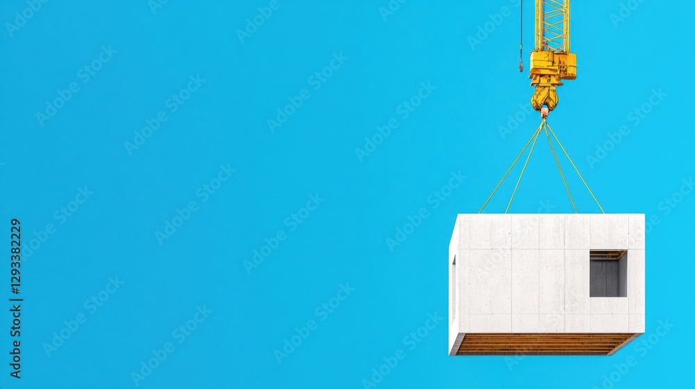 Crane lifting a modular house against a blue sky. Concept of construction, architecture, and real estate. Crane lifting a modular house against a blue sky. Concept of construction, architecture, and real estate.