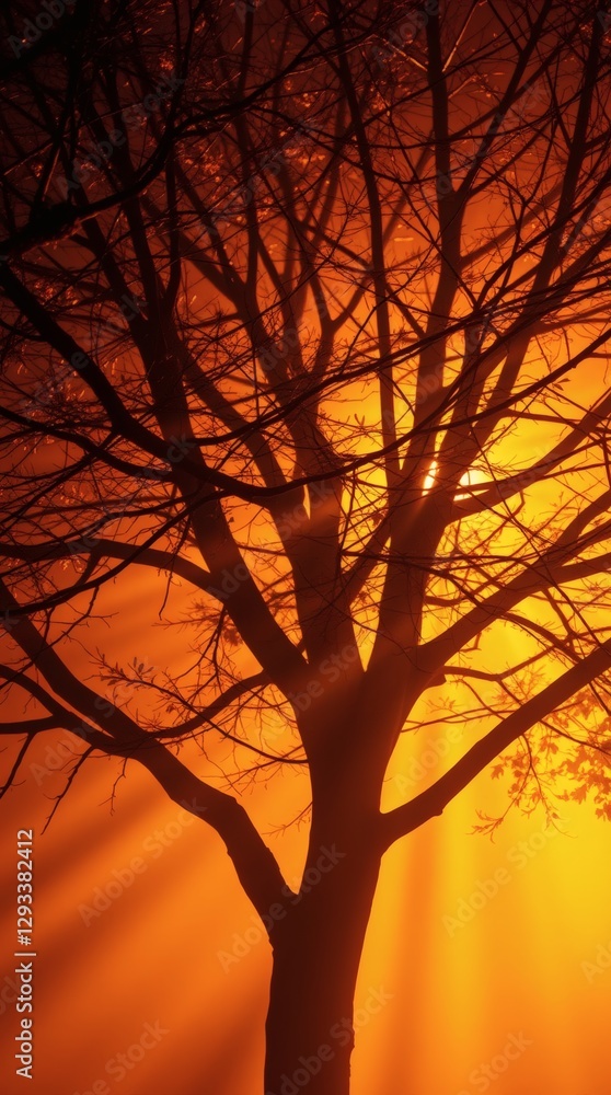 Captivating silhouette of a tree against a vibrant orange background with rays of light shining through the branches Captivating silhouette of a tree against a vibrant orange background with rays of light shining through the branches