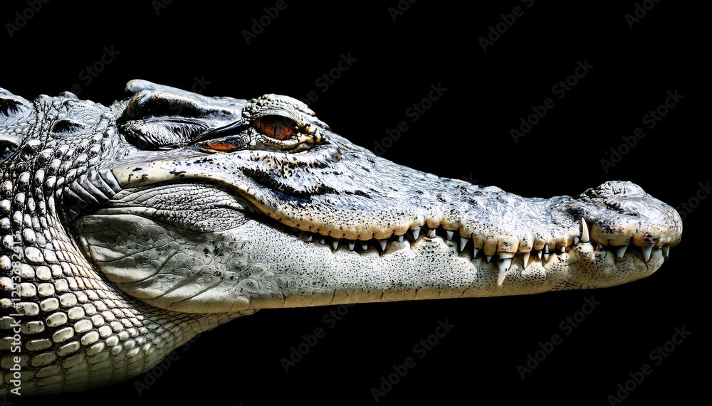 Obraz premium Intense Crocodile Portrait on Black Background CloseUp Capturing Reptilian Majesty and Power in Striking Detail, With Intricate Scales and Deep, Intelligent Eyes Reflecting the Captivating