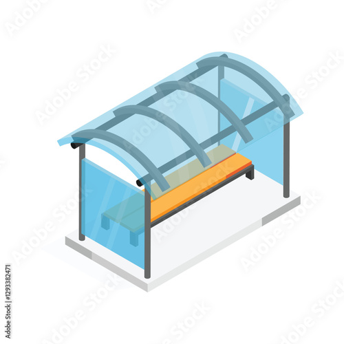 Isometric bus stop icon with shelter, bench, and waiting area.