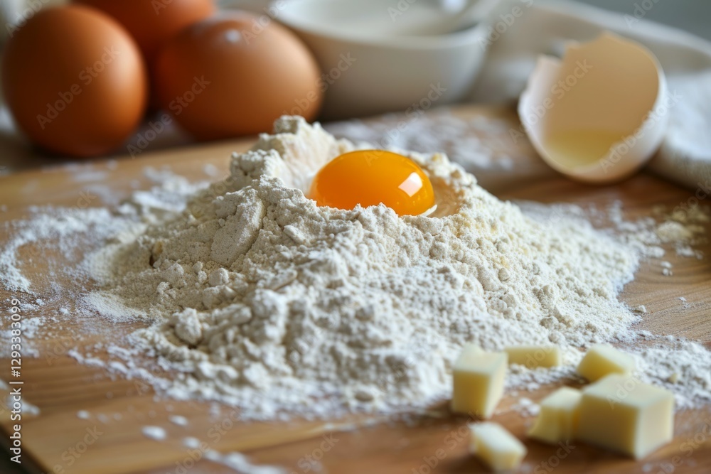 Egg and flour on plate for baking preparation. AI generated Egg and flour on plate for baking preparation. AI generated