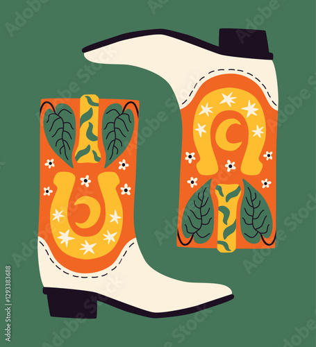 Cowboy boots with horseshoe and flowers. Quirky poster. Hand drawn vector illustration for banner, card, t shirt