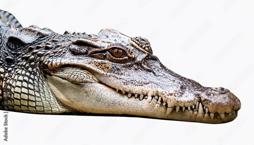 Actionpacked Close Up of a Crocodiles Intense Stare Against a White Backdrop, Capturing the Power and Majesty of Natures Apex Predator Actionpacked Close Up of a Crocodiles Intense Stare Against a White Backdrop, Capturing the Power and Majesty of Natures Apex Predator