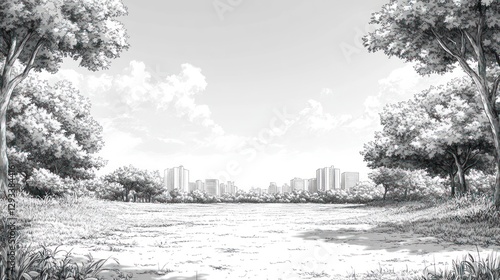 Grayscale Park Path Cityscape