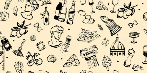 Italian doodle seamless pattern, vector hand drawn Florence texture background, romantic wine print. Mediterranean scribble abstract decoration background, retro repeat decor. Italian pattern food art