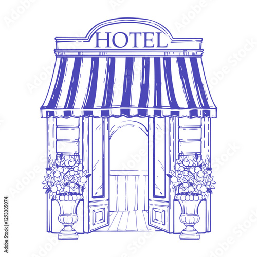 Hotel entrance line illustration, vector hand drawn building facade door, vintage architecture icon. Tourism luxury accommodation exterior, doodle elegant apartment front view clipart. Hotel entrance