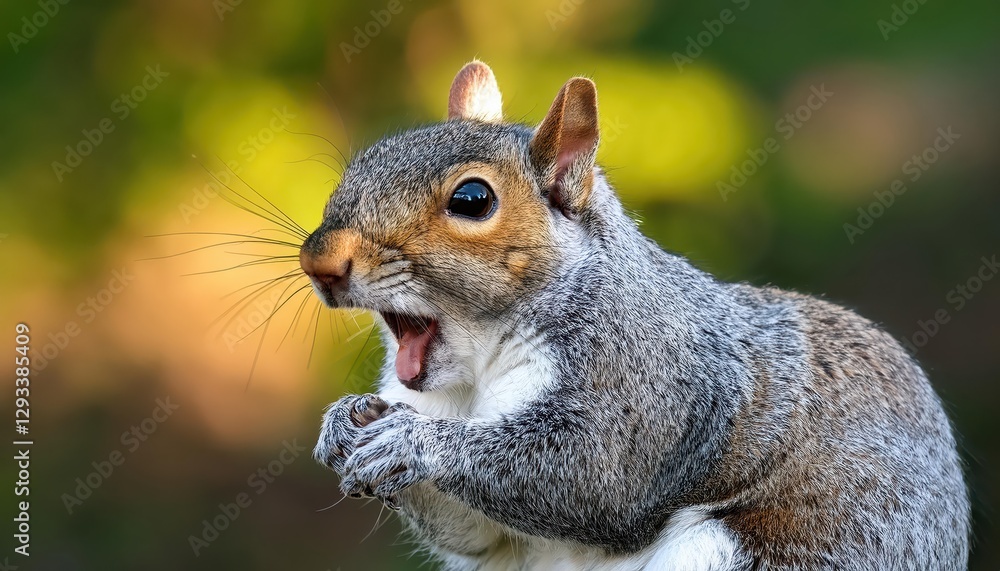 Grey Squirrel Yawning in Forest Majestic Moment of Relaxation Amidst Autumn Leaves and Mossy Bark, Captured with Soft Focus and Warm Light Grey Squirrel Yawning in Forest Majestic Moment of Relaxation Amidst Autumn Leaves and Mossy Bark, Captured with Soft Focus and Warm Light