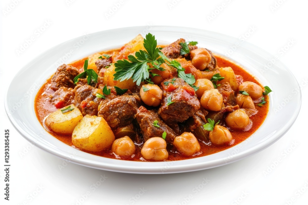 Delicious beef stew with potatoes and chickpeas, garnished with fresh parsley. Traditional comfort food. Delicious beef stew with potatoes and chickpeas, garnished with fresh parsley. Traditional comfort food.