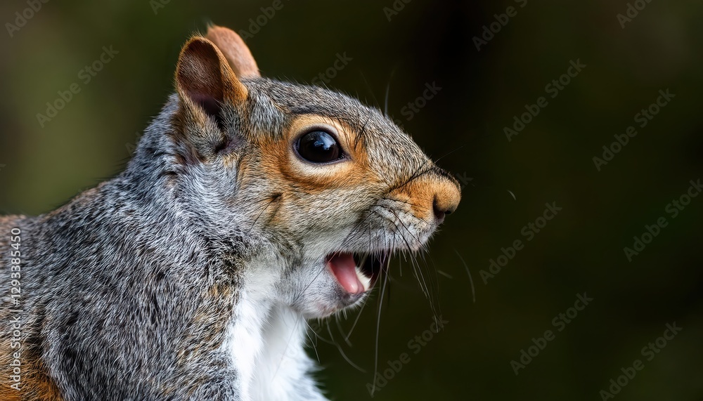 Striking Closeup of a Grey Squirrel Yawning, Showcasing Playful Expression and Whiskered Charm, Captured in a Forest Mood of Soft Light and Earthy Tones. Striking Closeup of a Grey Squirrel Yawning, Showcasing Playful Expression and Whiskered Charm, Captured in a Forest Mood of Soft Light and Earthy Tones.