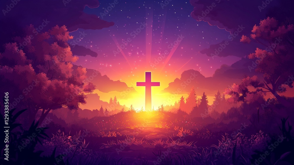 Fototapeta premium Serene Sunrise with a Cross in a Forest Landscape